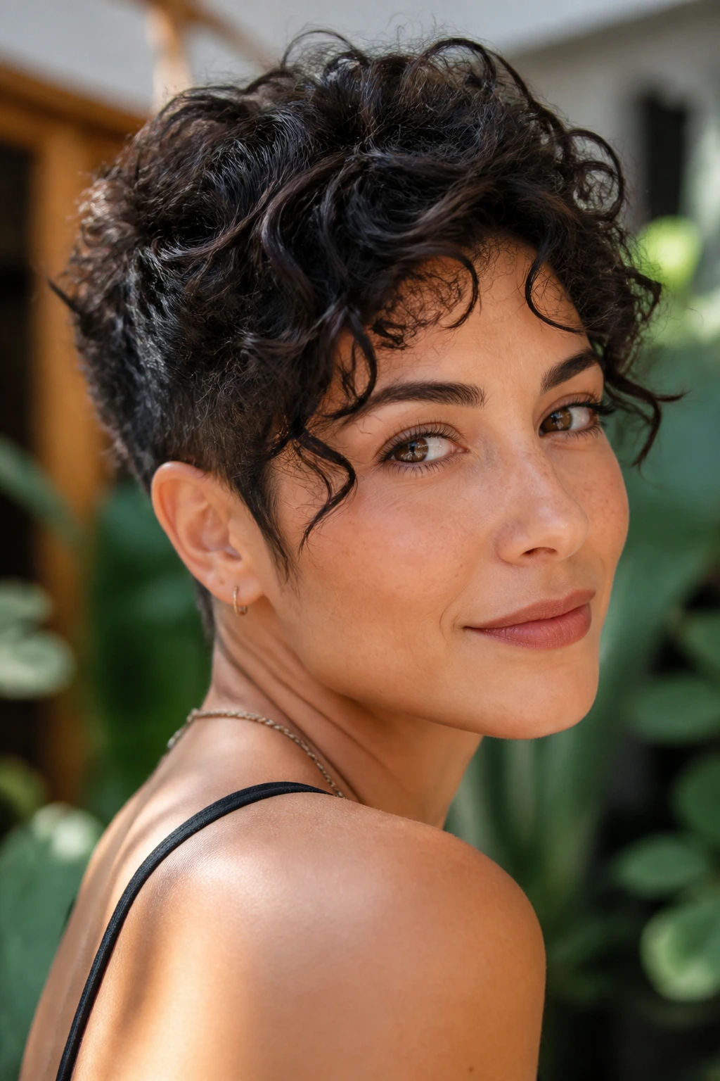 Portrait of a woman with curly bixie haircut and narrow sides.