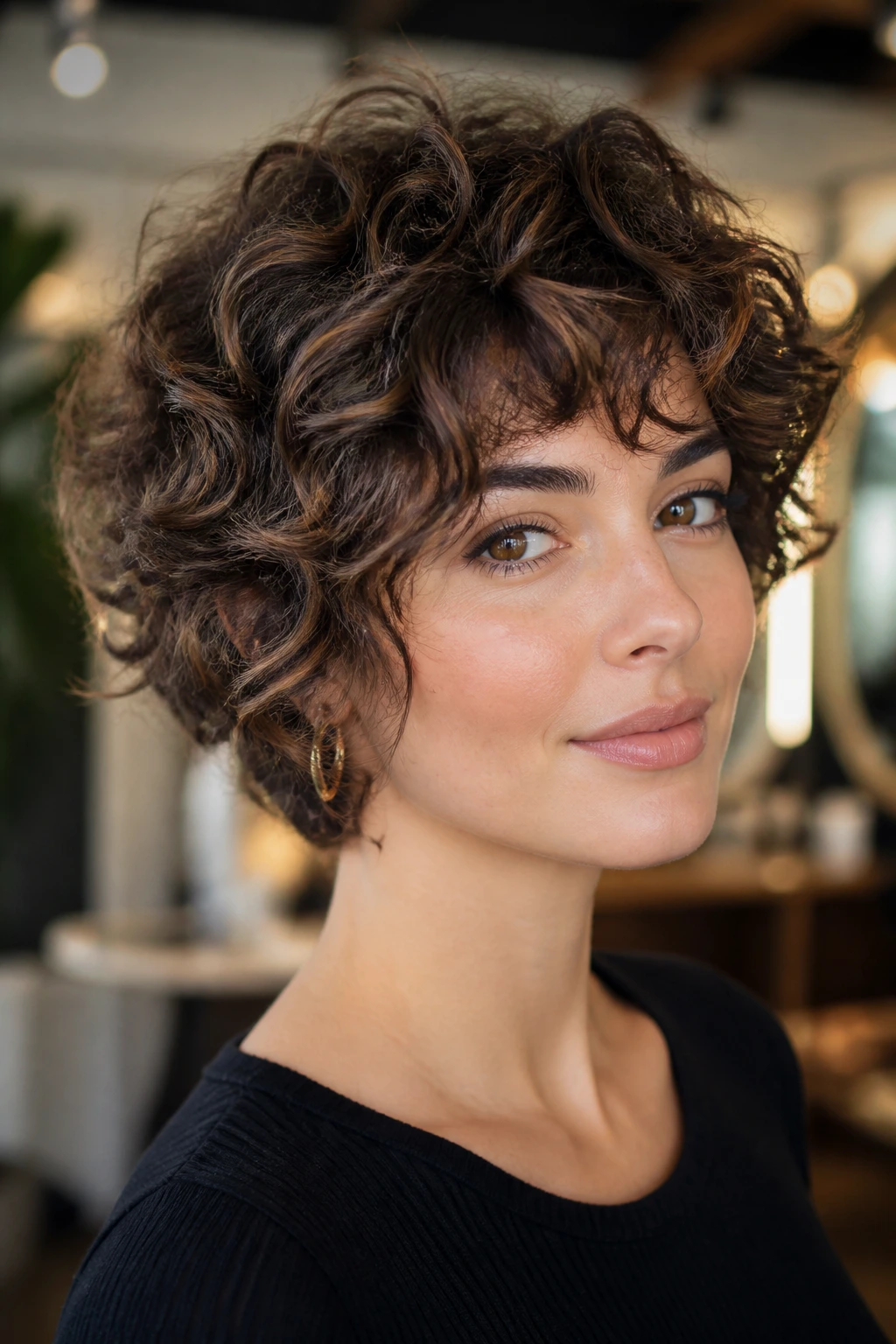 Close-up portrait of real woman with curly bixie hairstyle in modern salon