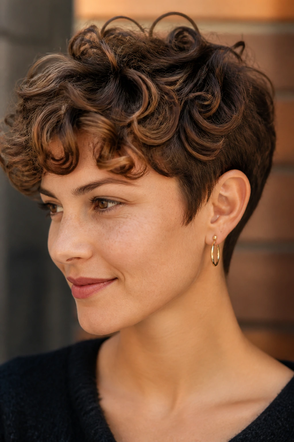 Close-up of curly bixie hairstyle on a real person with top length and short sides