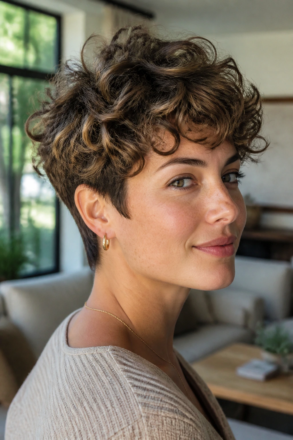Close-up of curly bixie hairstyle on a real person