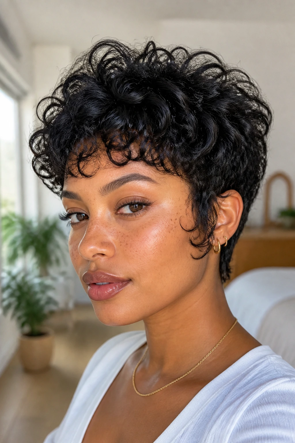 Real person with curly bixie cut and soft sideburns framing the cheeks.