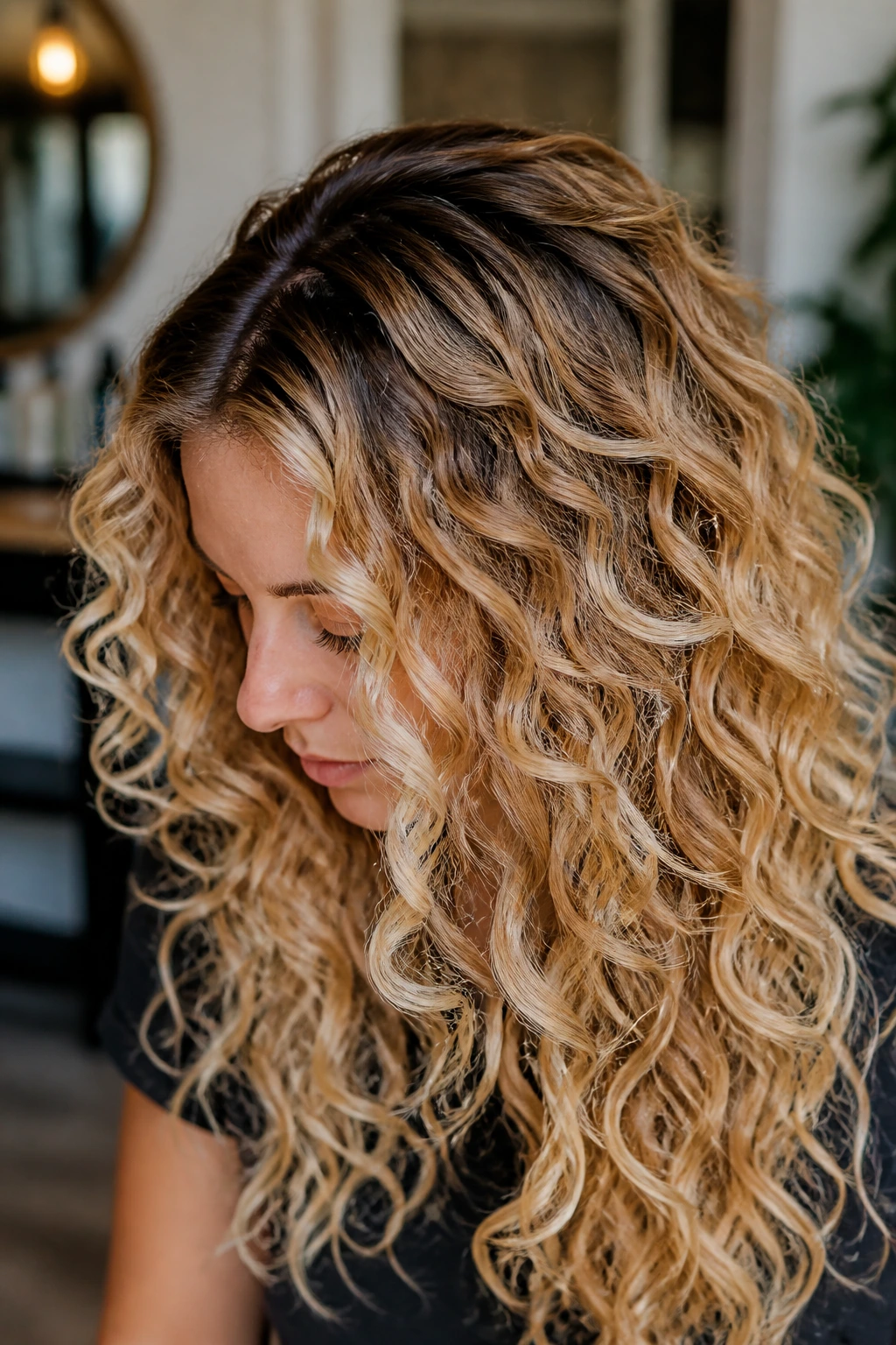 Close-up of a real woman's curly hair with a soft blonde gradient map