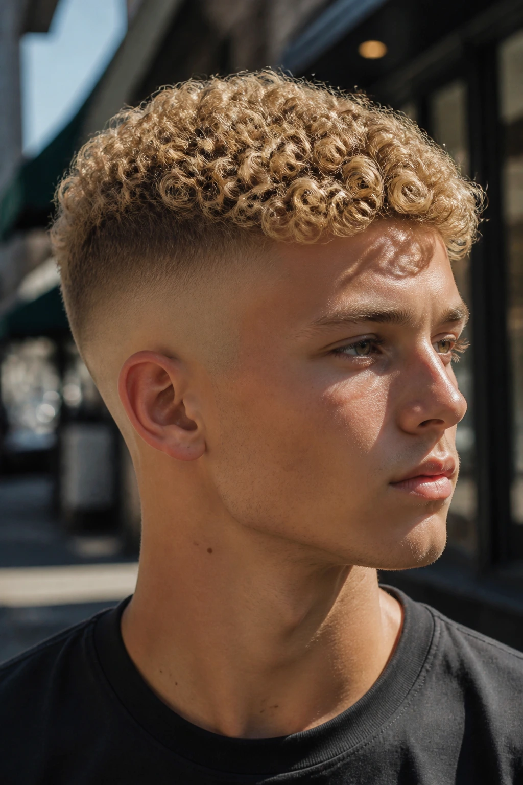 Close-up of a real man with curly blonde hair and a fade on the urban street
