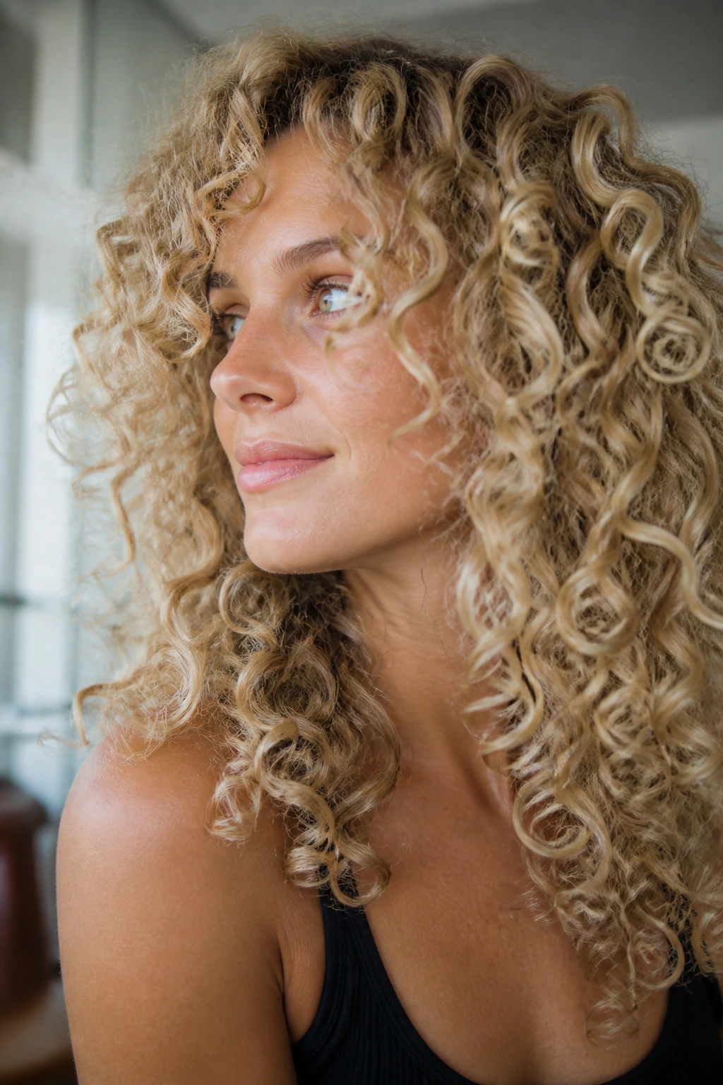 Close-up of a real woman with curly blonde layered curls