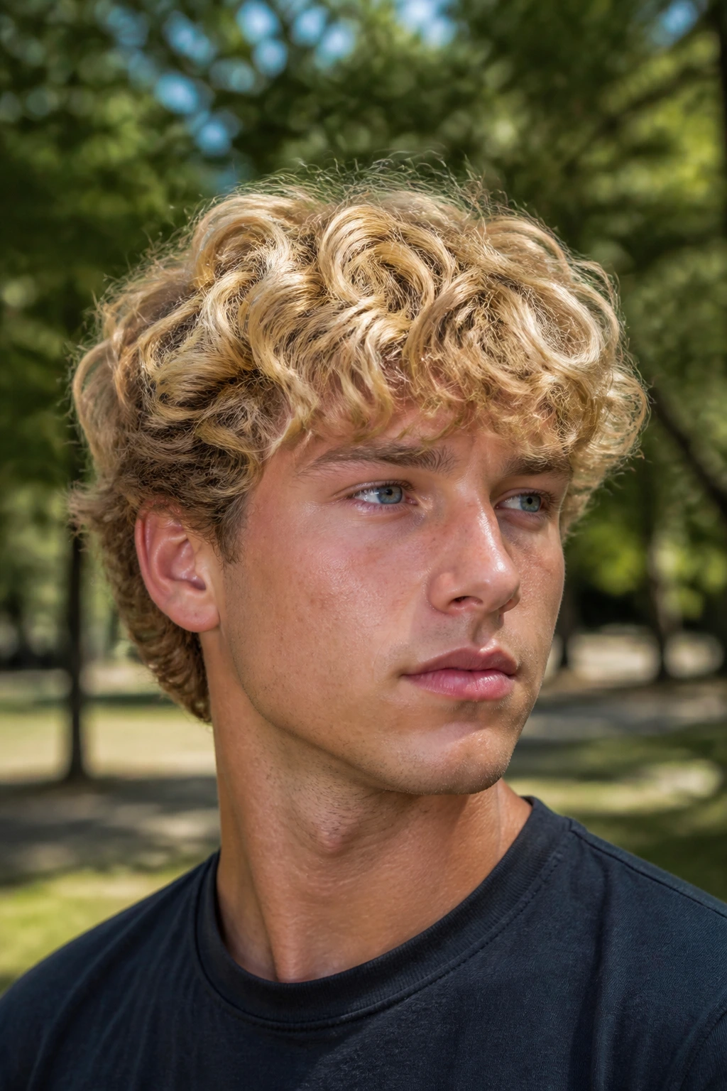 Close-up of a man with curly blonde mop top hairstyle in a sunlit outdoor setting