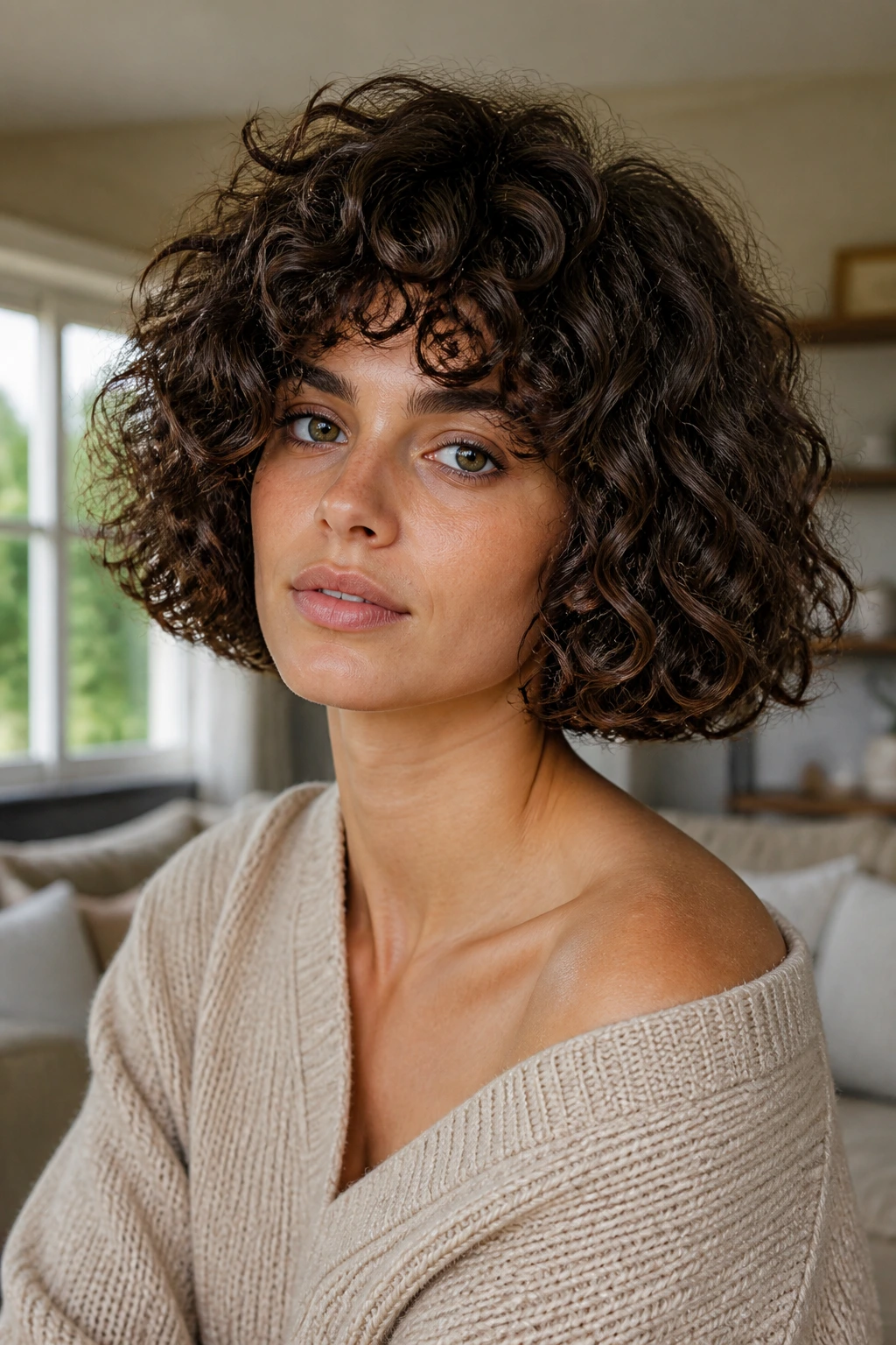 Portrait of a real woman with a curly one-length blunt bob in a softly lit room