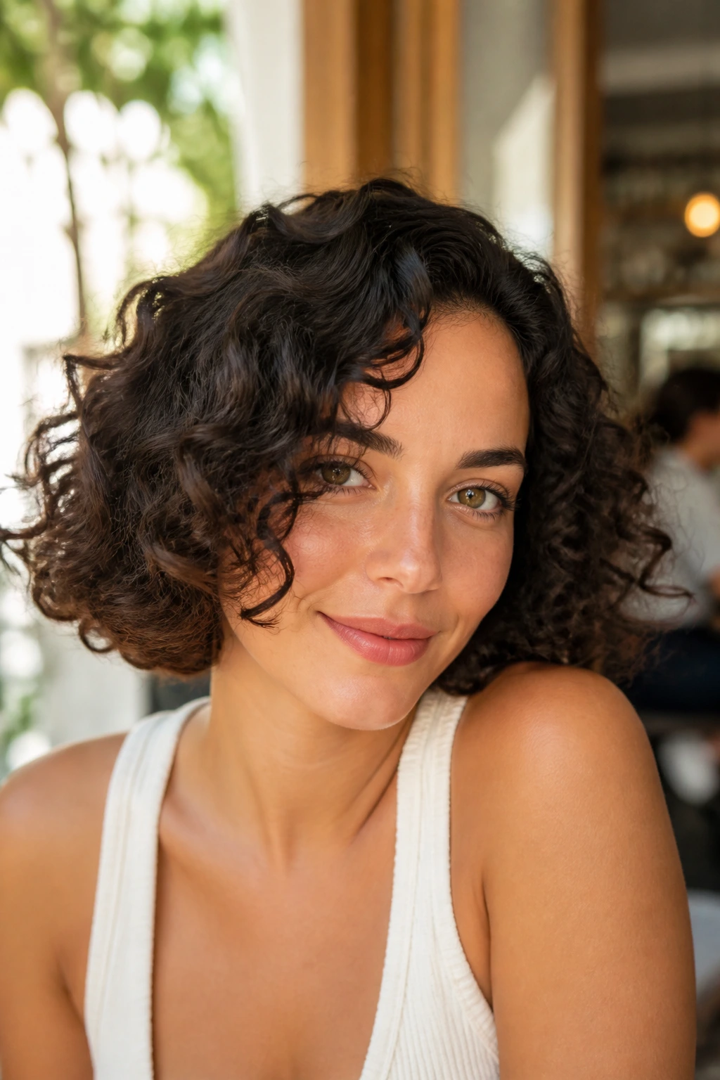 Close-up of a real person with a curly bob and airy ends