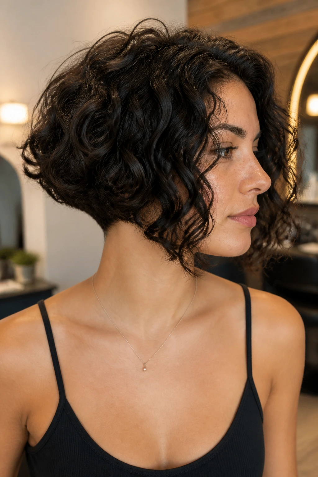 Close-up portrait of a real woman with a sharp angled curly bob and clean underline in warm window light