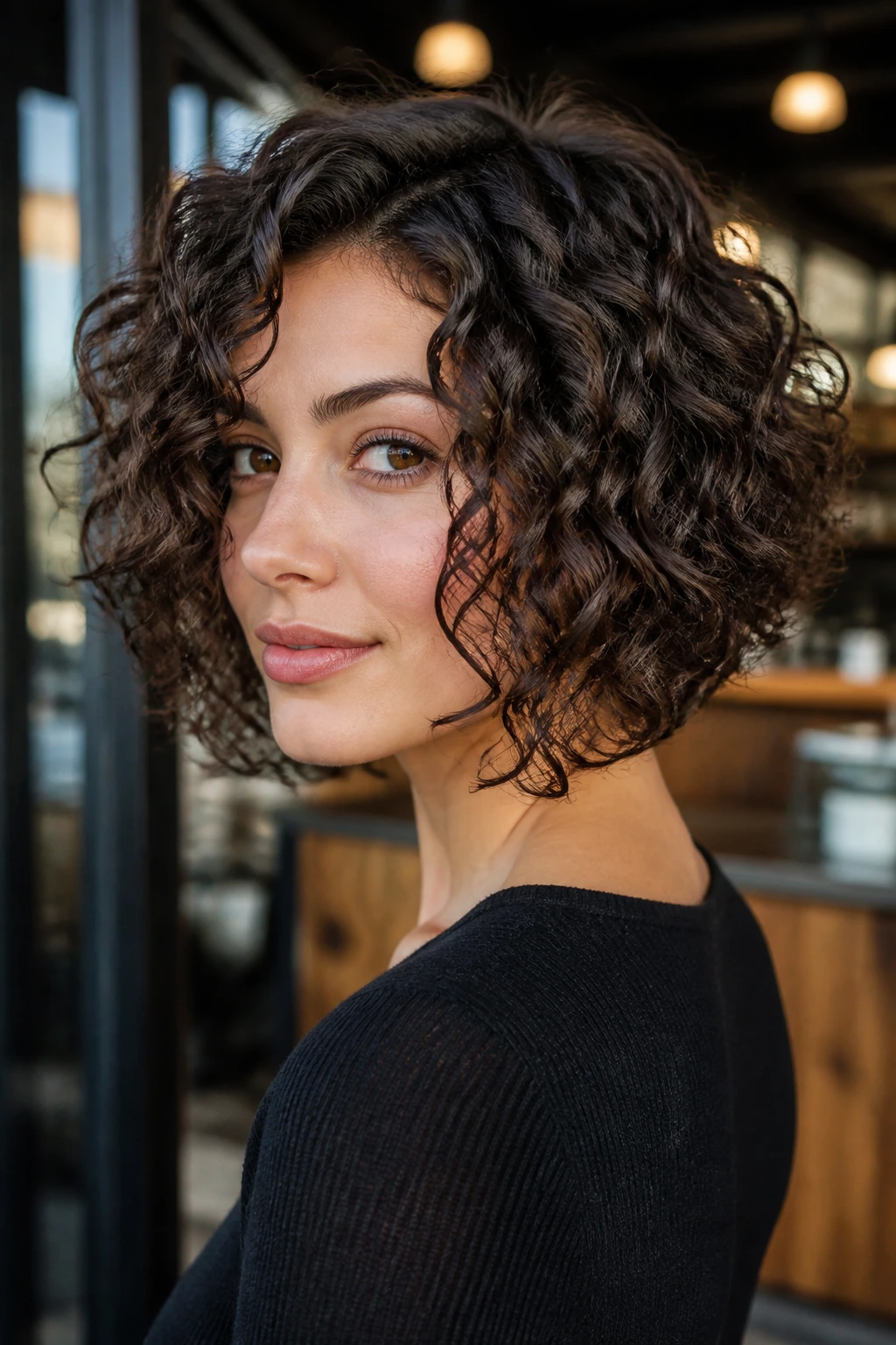 Portrait of a woman with curly bob featuring face-framing angles.