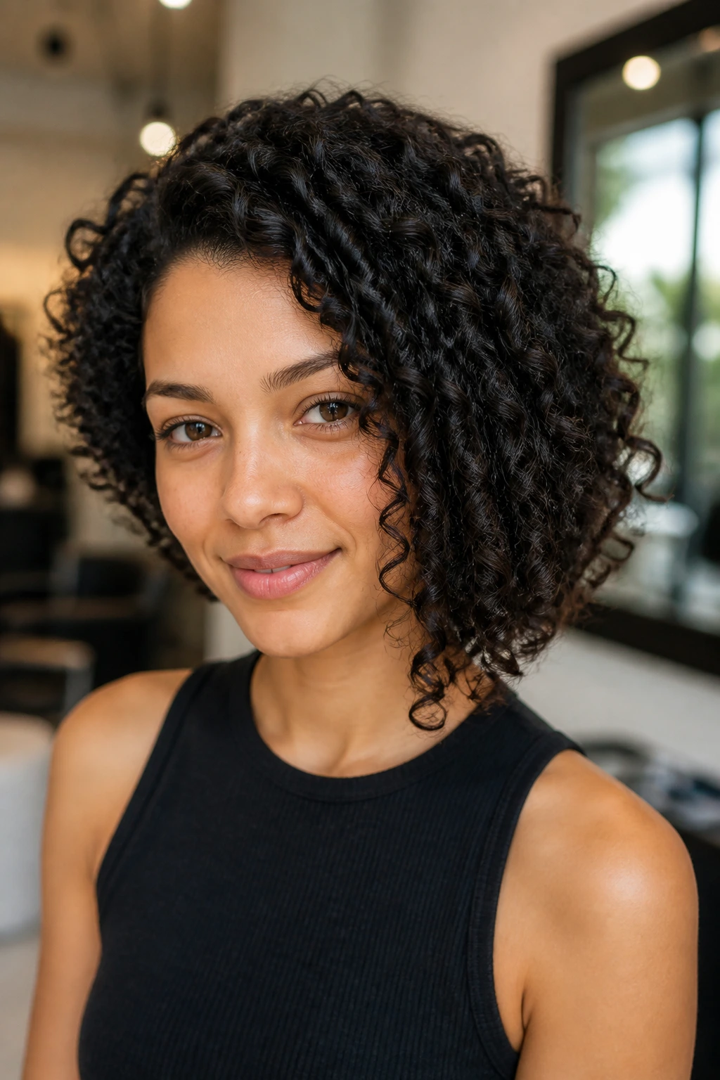 Portrait of a woman with curly asymmetrical bob following curl pattern