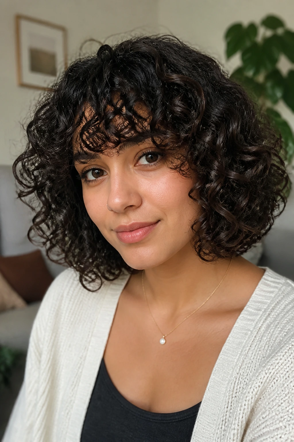 Real woman with curly bob and curly bangs