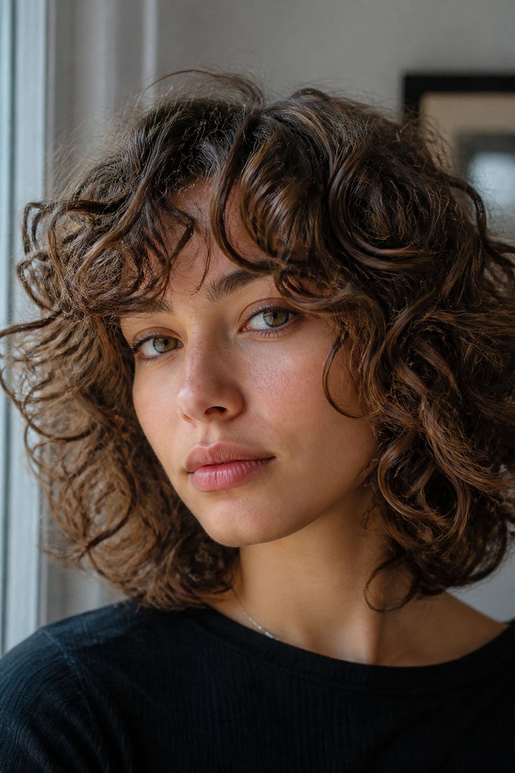 Close-up of a real woman with a shoulder-length curly bob with a soft bangs fringe.