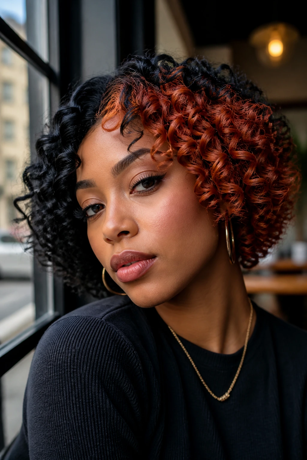 Close-up portrait of a curly bob with black and copper color blocks