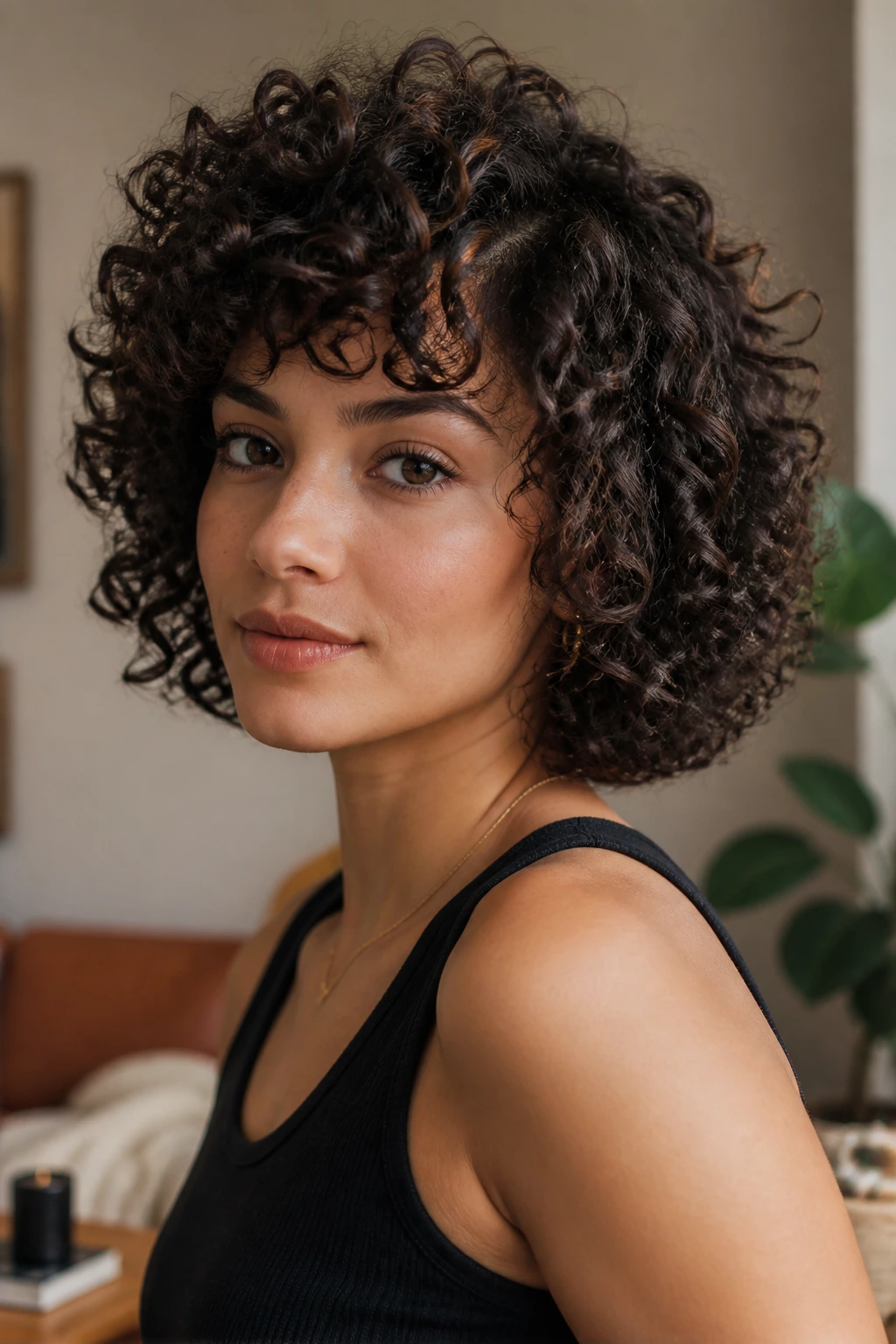 Portrait of a real person with a bouncy curly bob under soft indoor lighting