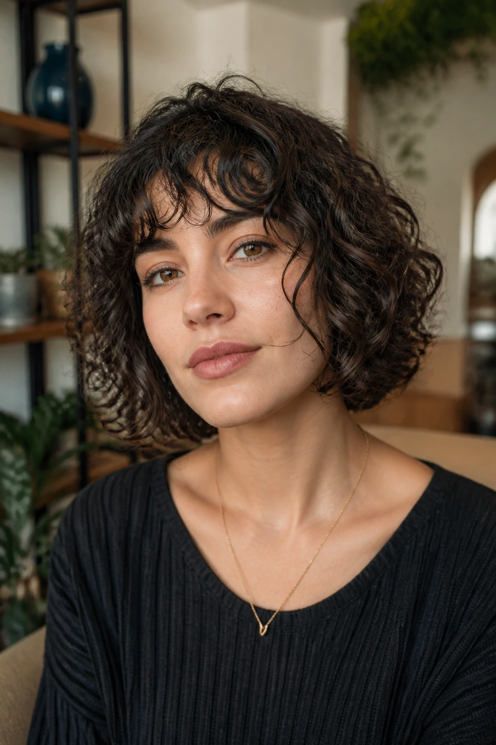 Close-up portrait of a real person with curly bob and broken-up bangs
