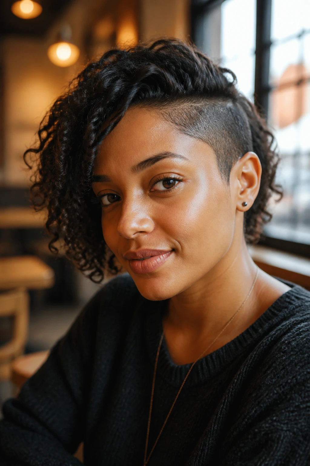 Portrait of a person with a curly bob and one buzzed side.
