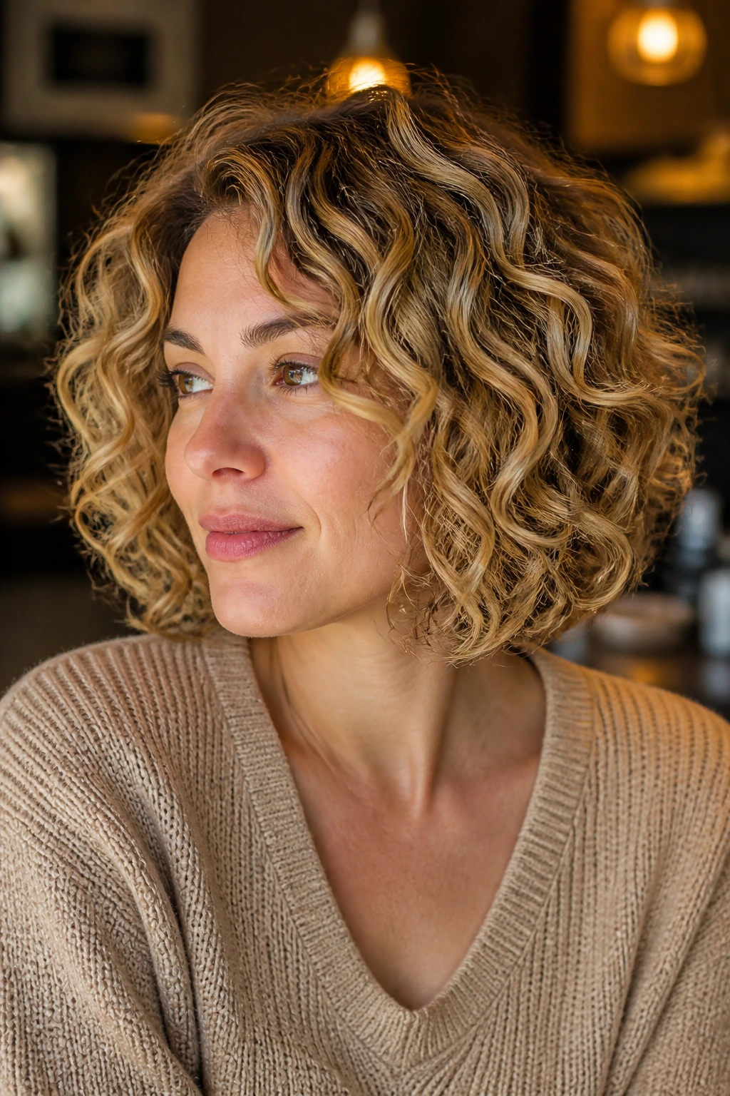 Close-up of a real woman with curly bob in caramel-butter blonde