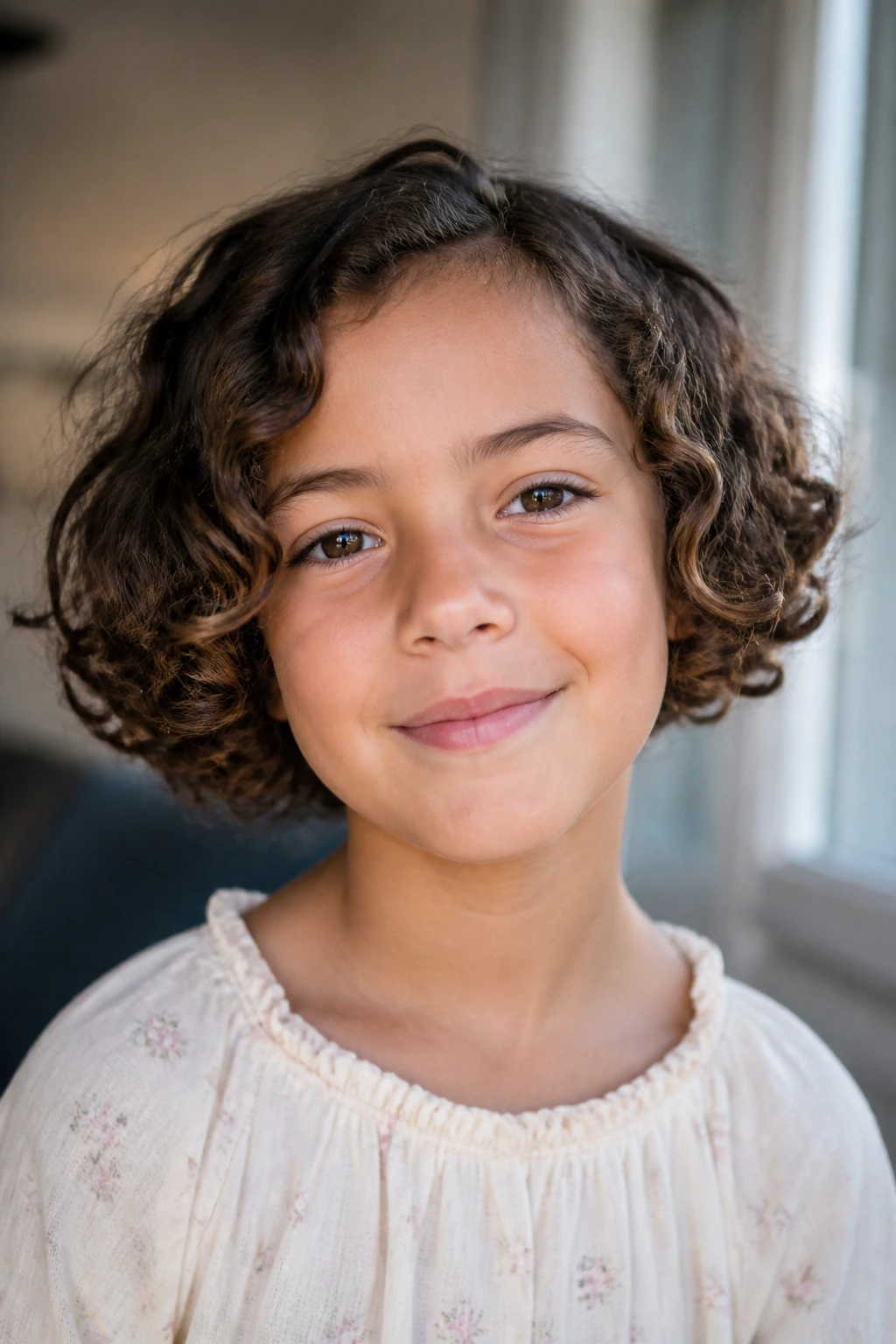 Close-up of a real child with a curly bob in soft window light