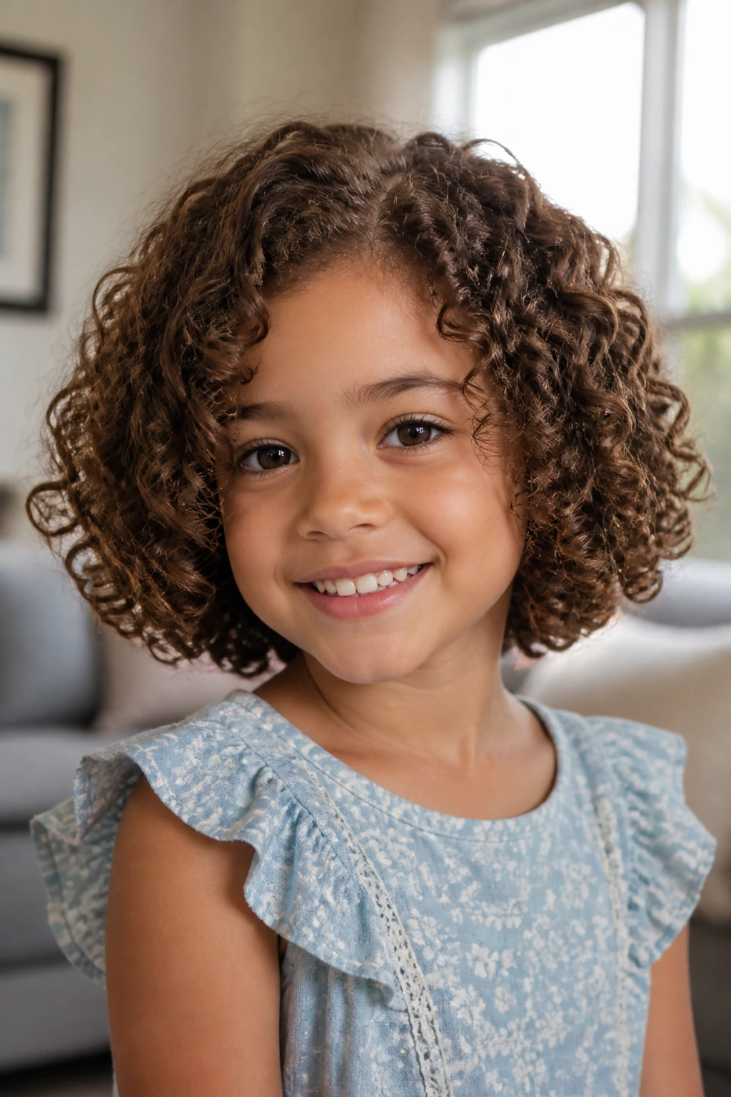 Close-up of a real girl with a chin-length curly bob hairstyle