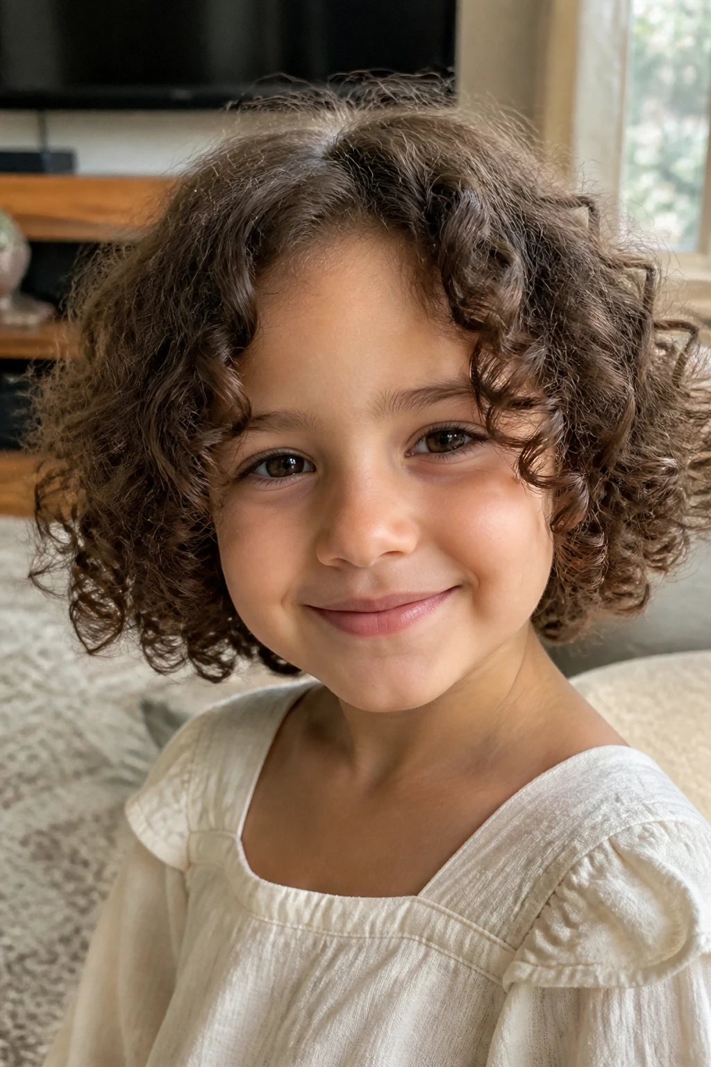 Close-up of a real child with a curly bob