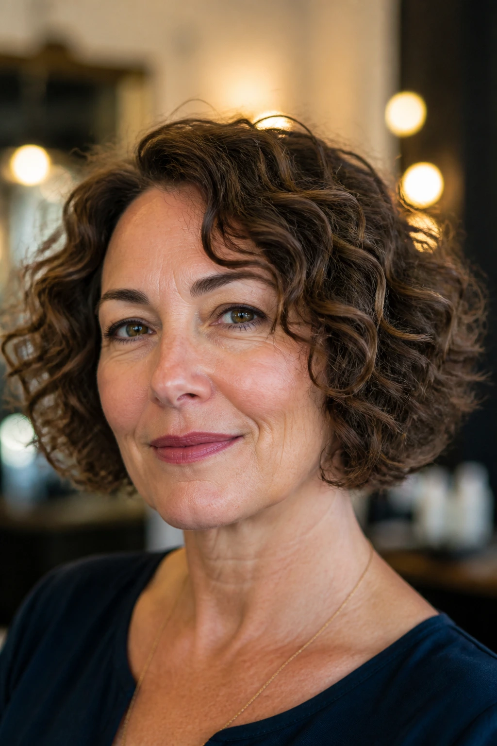 Close-up portrait of a real woman with a chin-length curly bob showing hair that feels like herself again