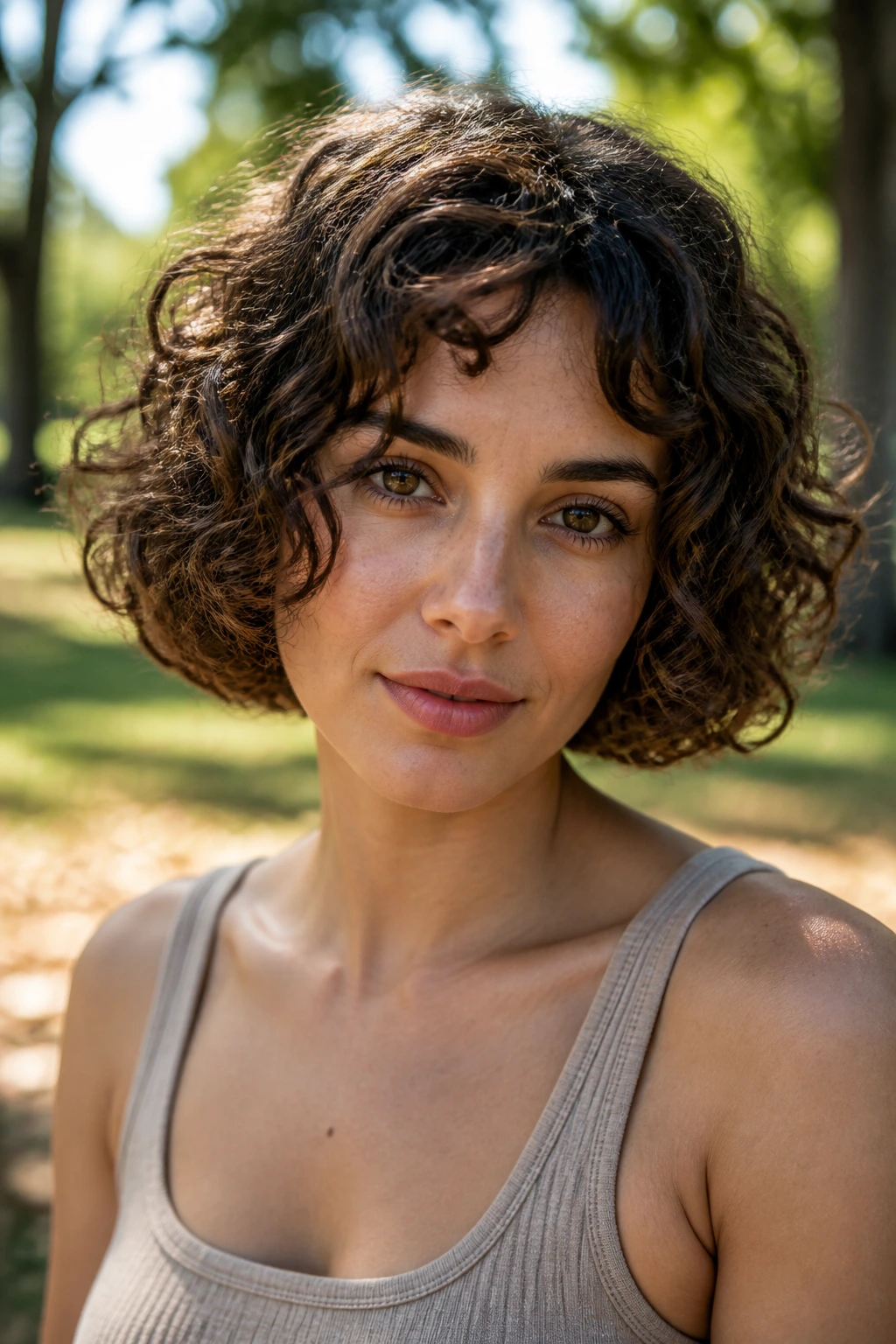 Close-up of a woman with a curly chin-length bob in a sunny park