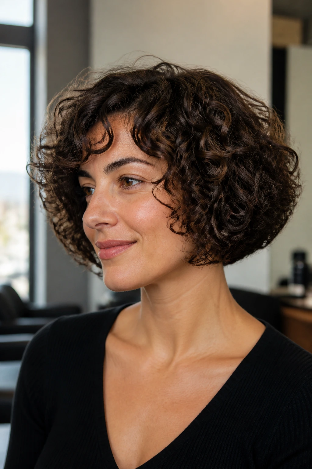 Close-up of a real woman with a chin-length curly bob and a clean rounded outline in salon light.