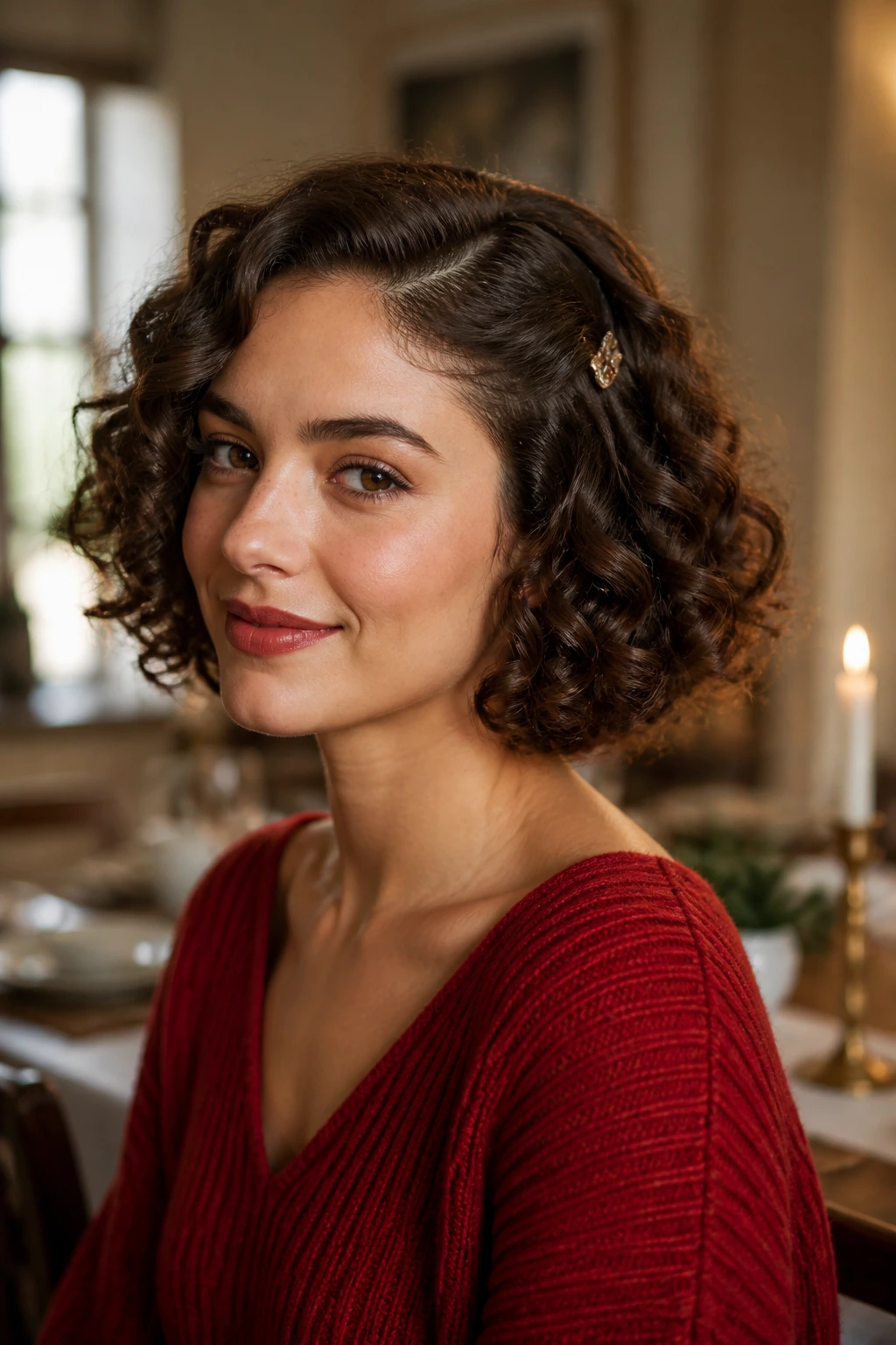 Real woman with curly bob and micro claw clips at the temples.