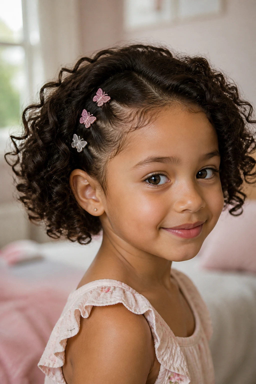 Close-up of a young girl with a curly bob and mini clips framing the curls