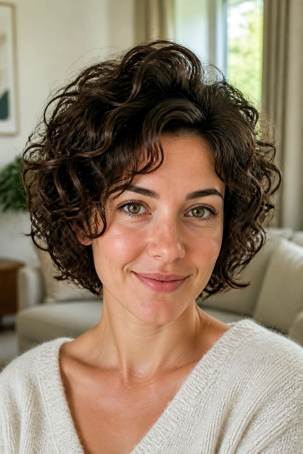 Close-up portrait of a real person with a curly bob and lifted crown in a bright living room.