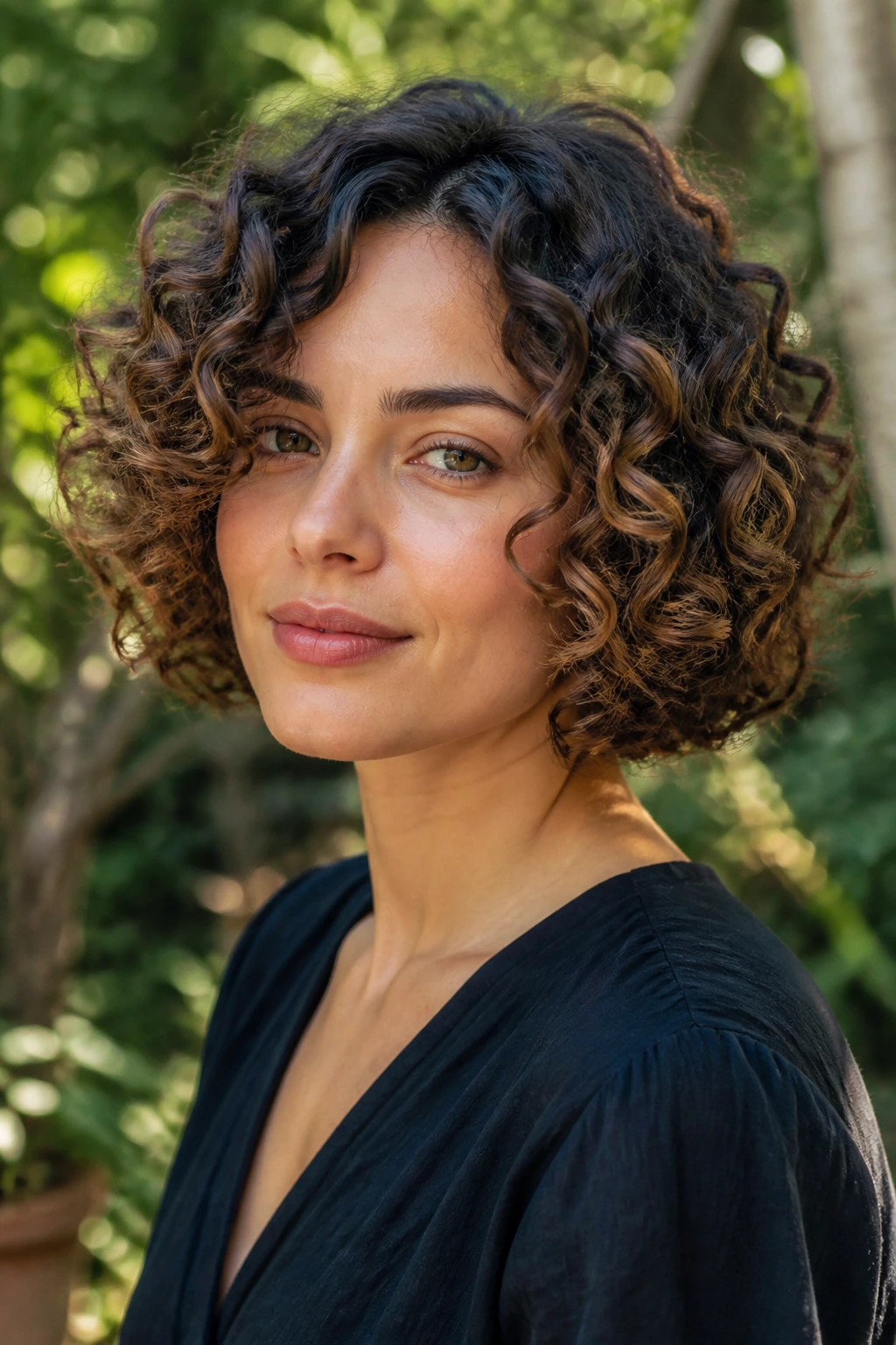 Close-up portrait of person with curly bob outdoors