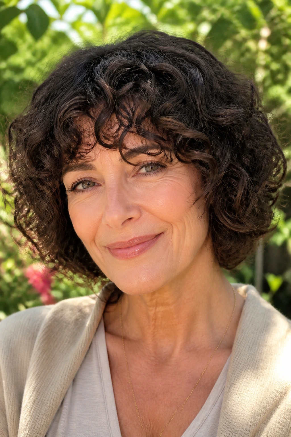 Real woman with curly bob and curly fringe in sunny garden