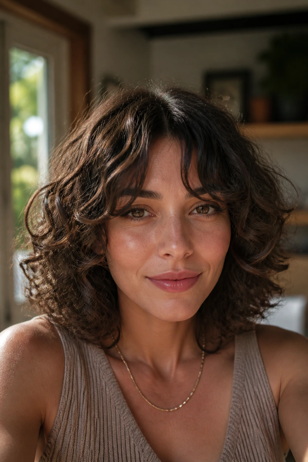 Close-up of a real woman with curtain bangs and curly bob, center-split fringe blending into the sides under natural light.
