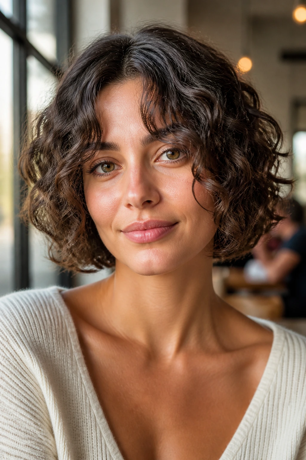 Real woman with curly bob and curtain bangs under soft cafe window light