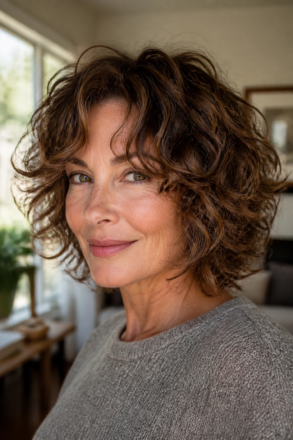 Woman with curtain bangs and cheekbone layers curly bob in natural light