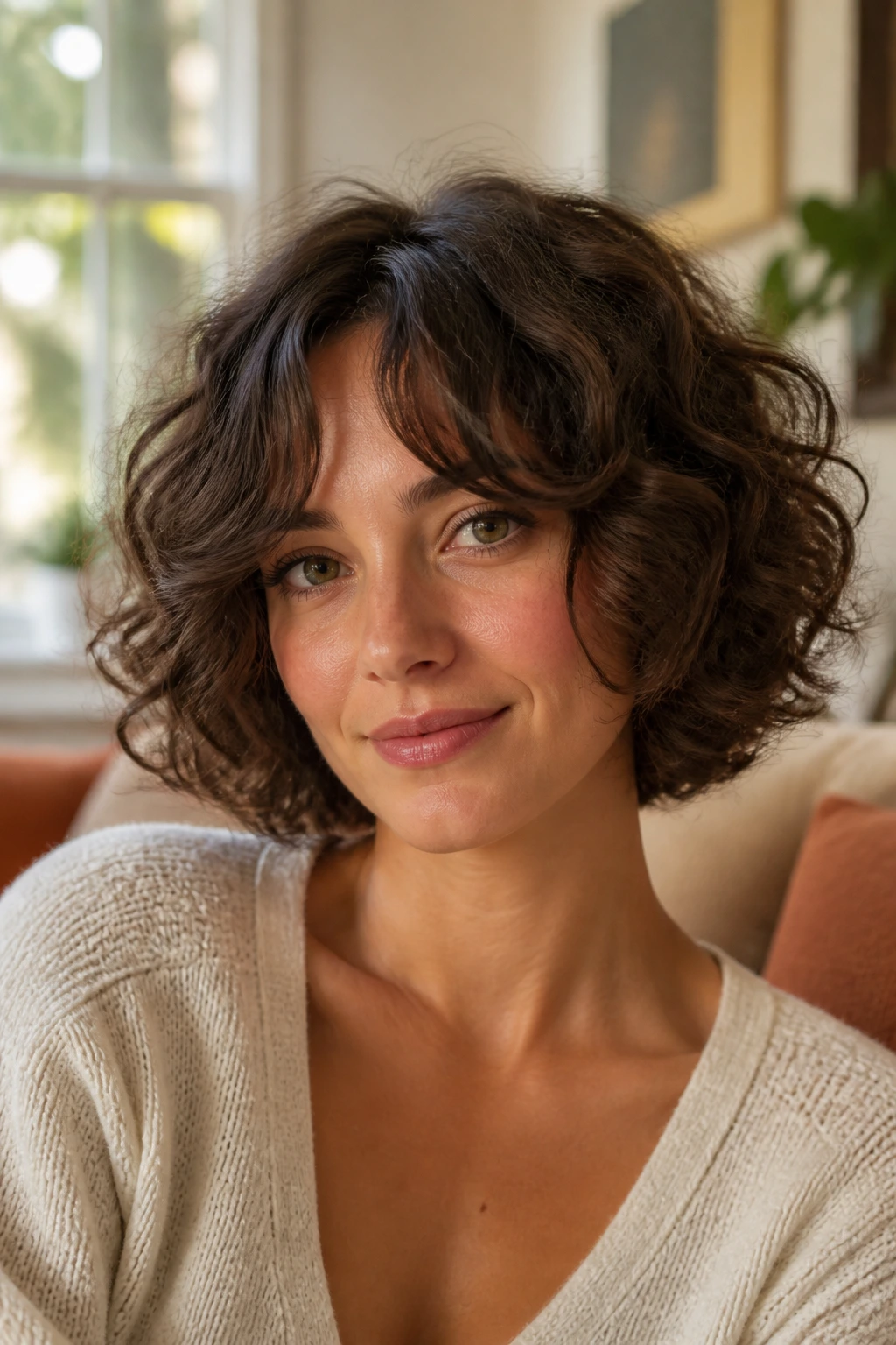 Close-up portrait of a real woman with a curly bob and curtain bangs softly framing her face.