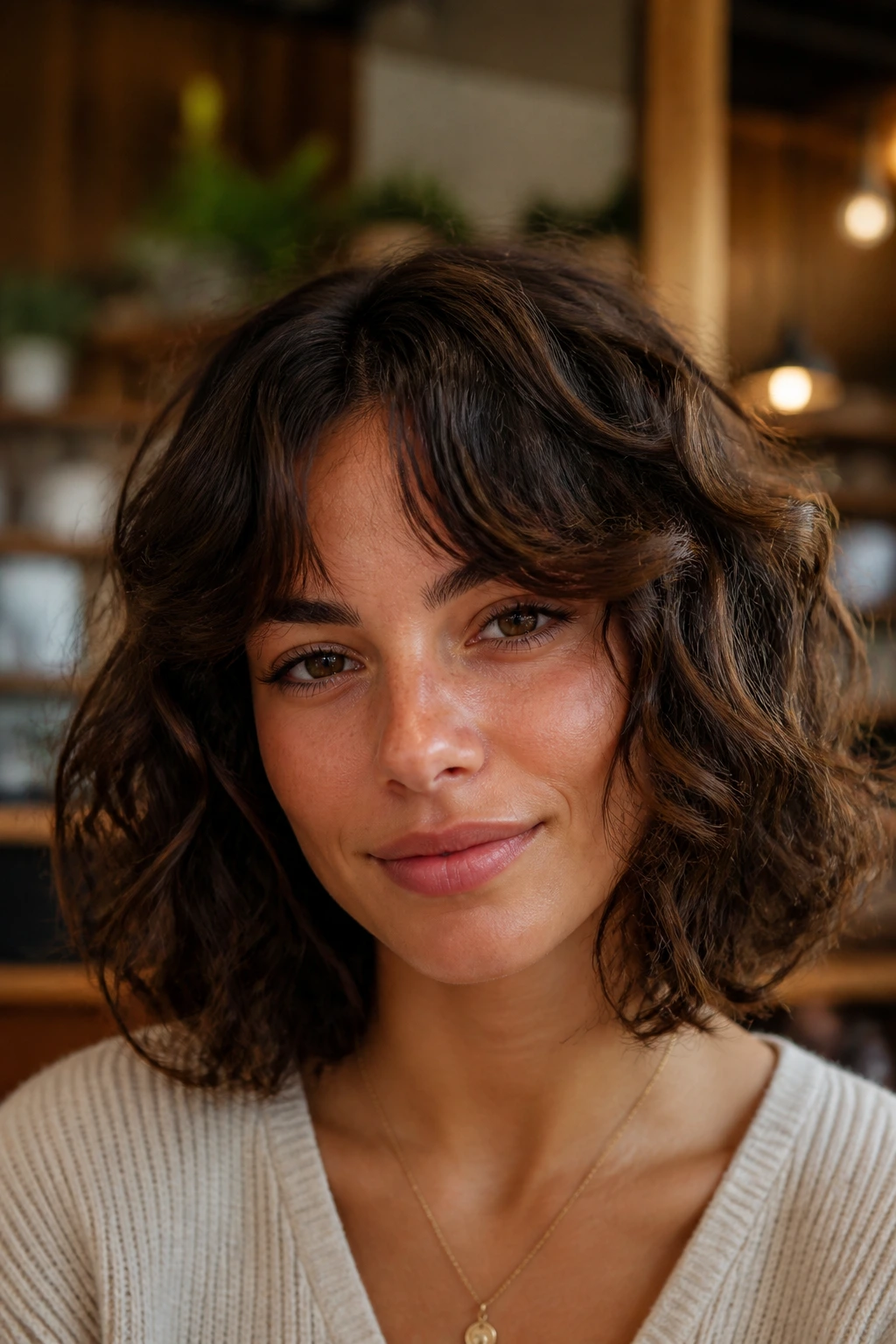 Close-up portrait of a real woman with curtain bangs and curly bob
