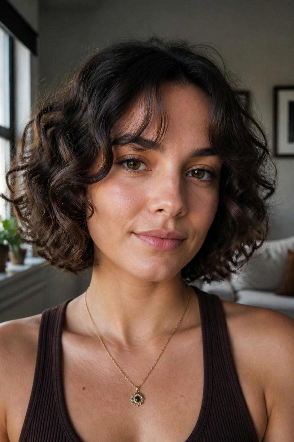 Close-up portrait of a real woman with curly bob and curtain bangs in warm window light