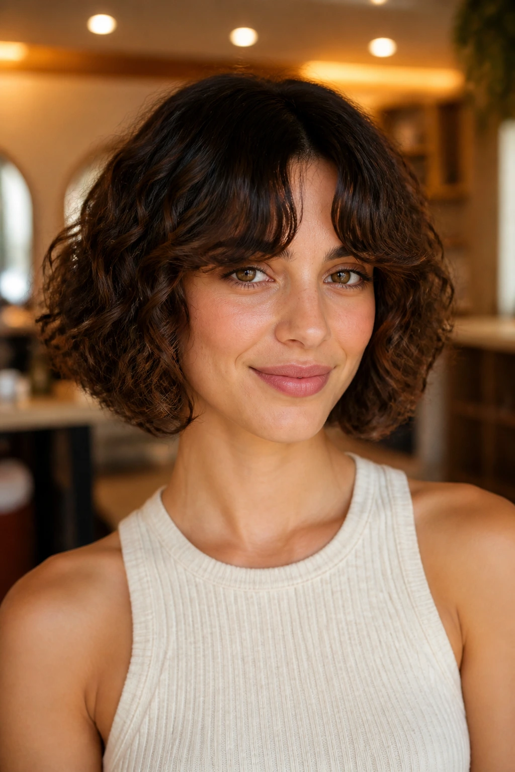 Portrait of a person with curly bob and curtain bangs in natural light