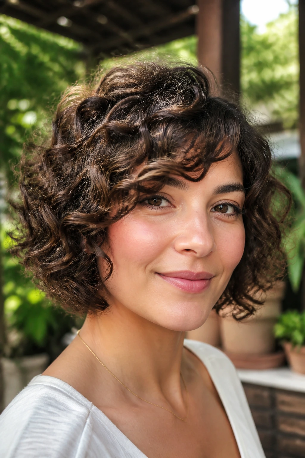 Real woman with curly bob and curved side fringe outdoors