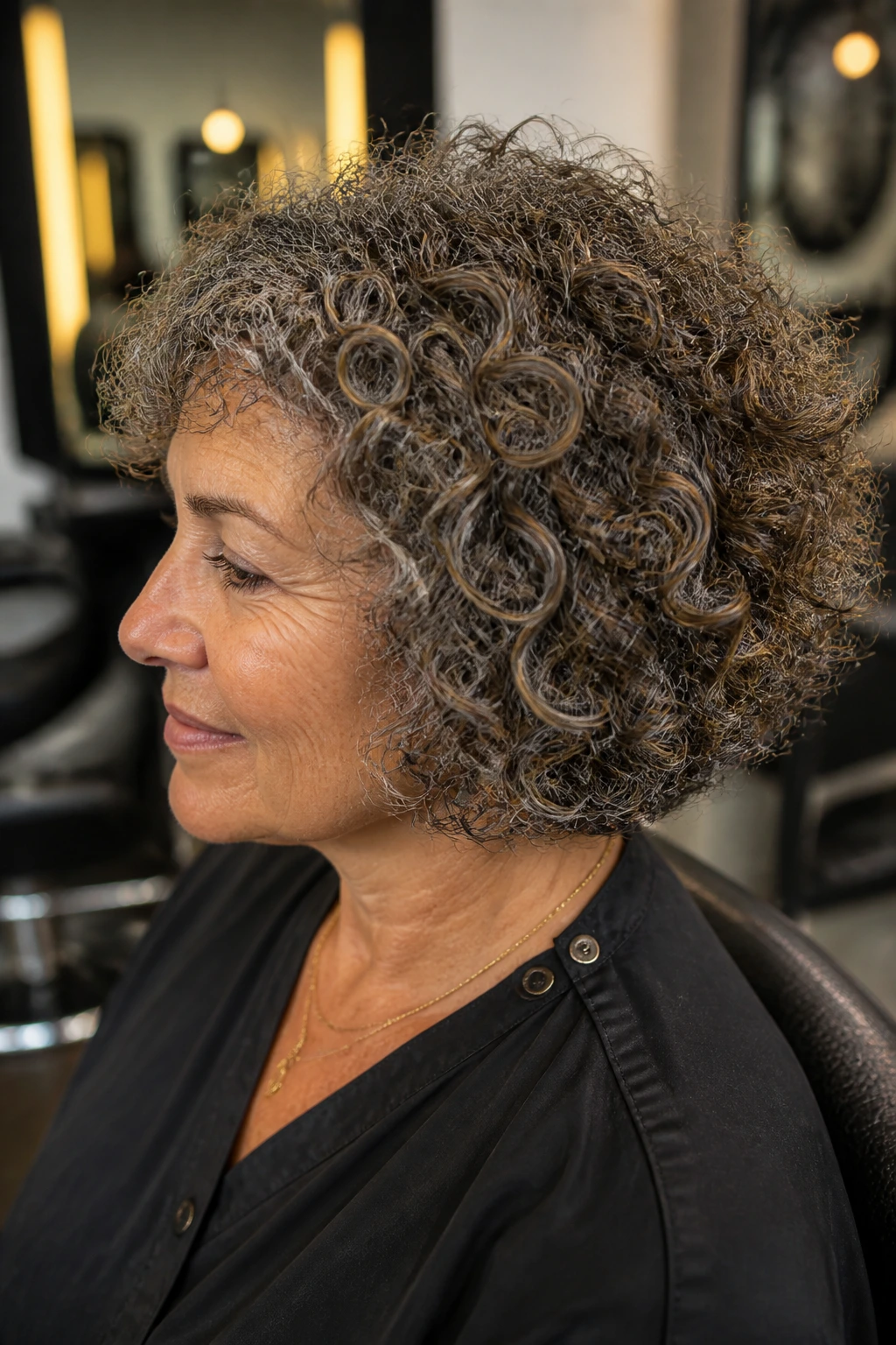 Close-up portrait of a real woman with curly bob in a salon chair, crown curls emphasized.