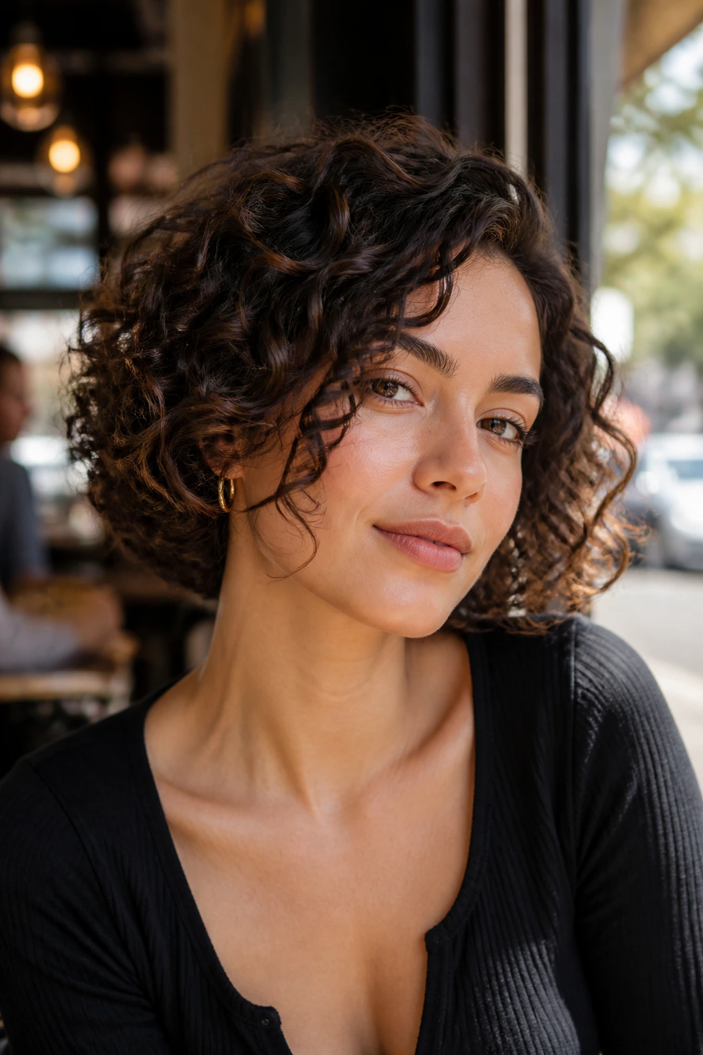 Portrait of a real woman with curly bob wearing hoops in a sunlit cafe setting