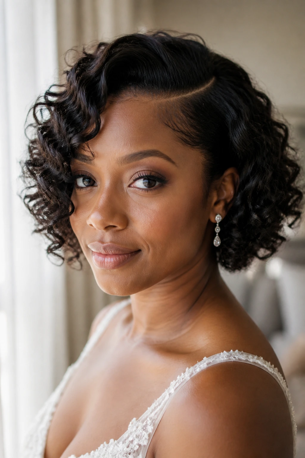 Bride with curly bob and deep side part in bridal suite