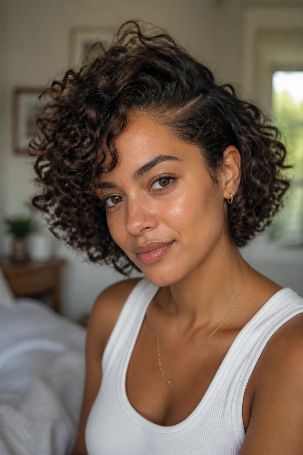 Close-up of a real woman with a deep side-part curly bob and lifted roots