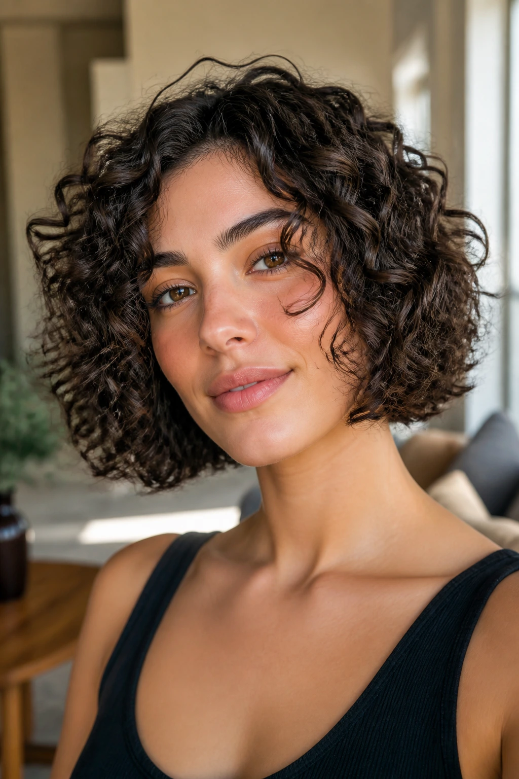 Close-up of a real woman with a defined curly bob and springy clumps framing the face