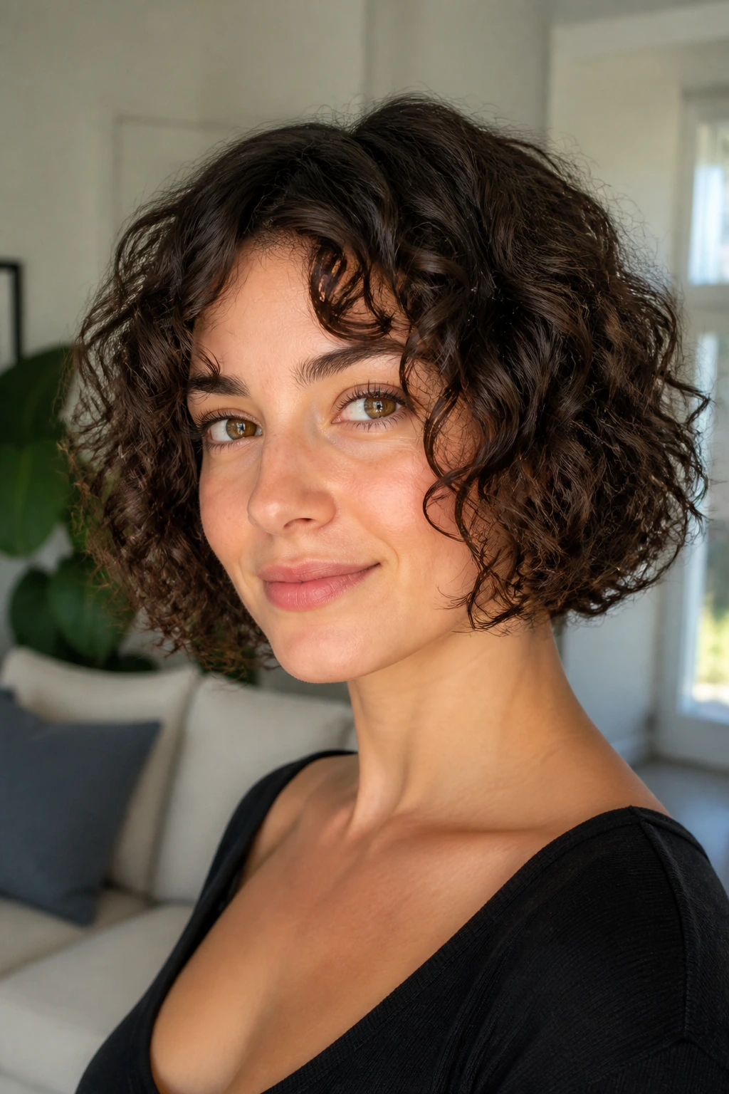 Close-up of a real woman with a curly bob and clearly defined ends