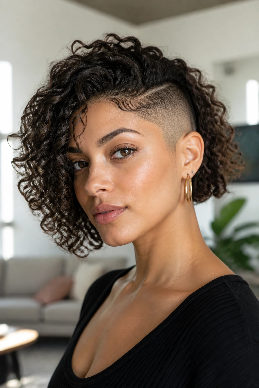 Real woman with curly bob and disconnected side shave