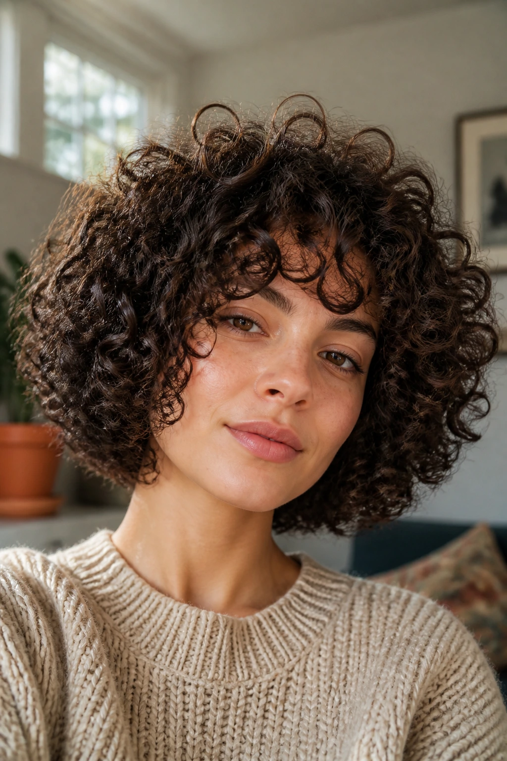Portrait of real person with dry medium-length curly bob showing shrinkage and clumping