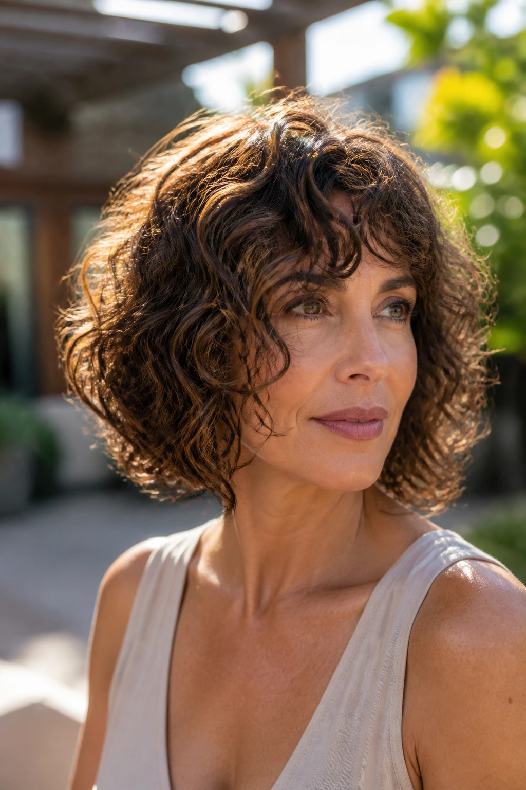 Close-up of a real woman with curly bob and elongated bangs.
