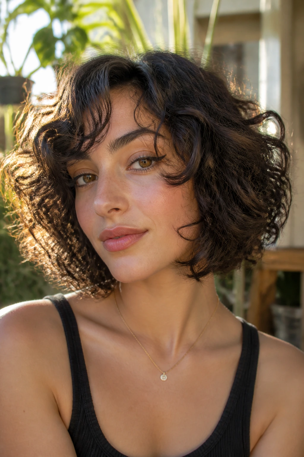 Close-up portrait of a real woman with a curly bob and face-framing layers